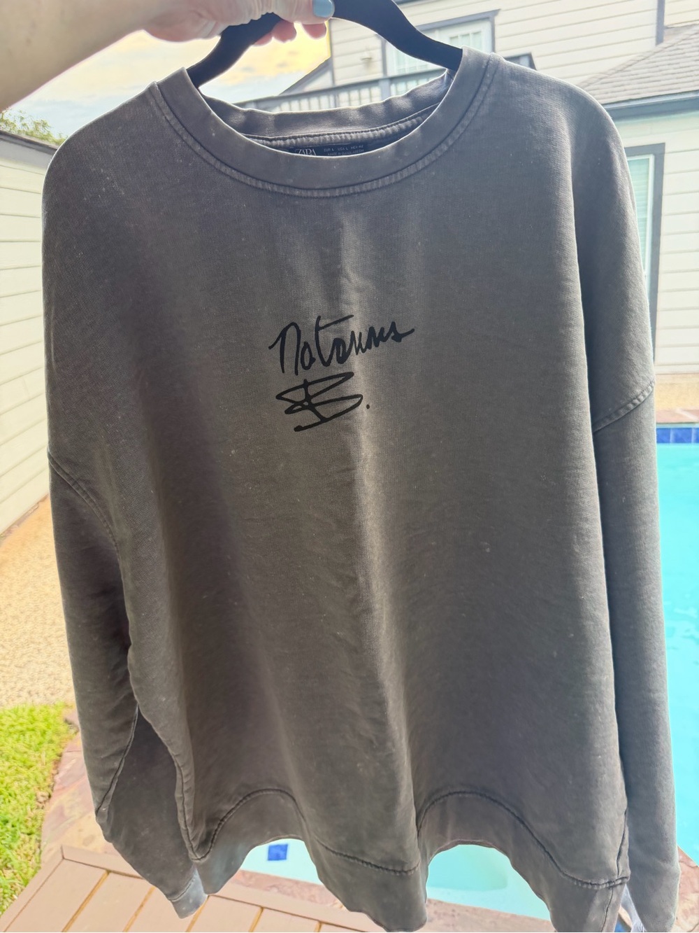Zara Men's Crewneck Sweatshirt in Charcoal with Black Script - Size L